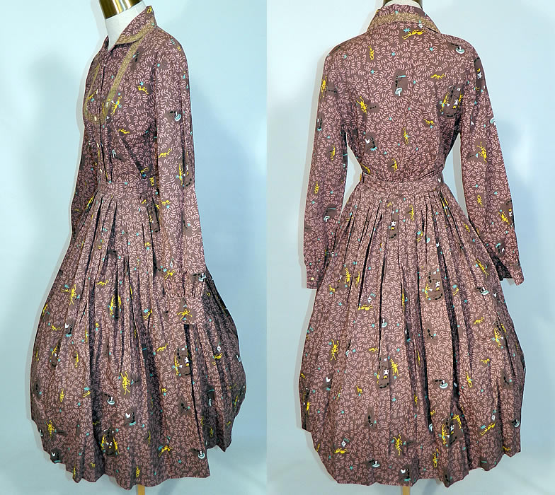 Vintage Ants Picnic Camping Novelty Print Cotton Circle Skirt Blouse Dress. This whimsical cute two piece dress has a button front blouse shirt with decorative yellowing stitching around the front yoke, collar and long sleeves with button cuffs. 