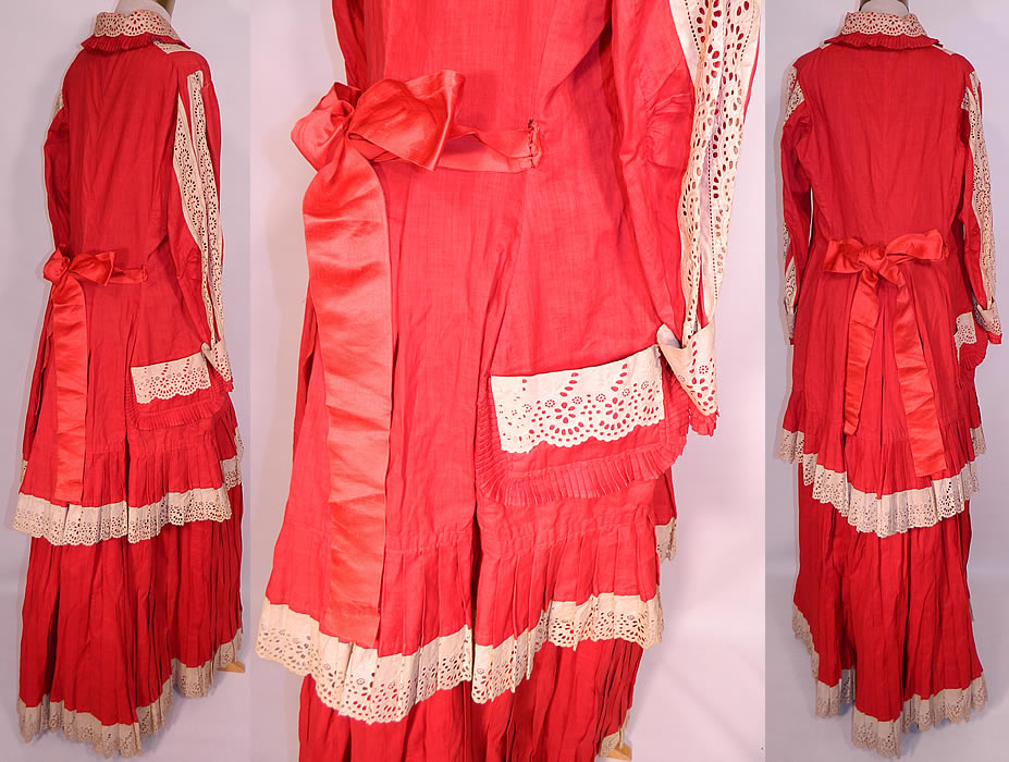 Victorian Maternity Red Cotton Cream Lace Bustle Gown Dress. There is a matching fabric long floor length full skirt, with bustle back, gathers for added fullness, unlined and missing the closure on back waistband. The skirt measures 43 inches long, with a 34 inch waist. 