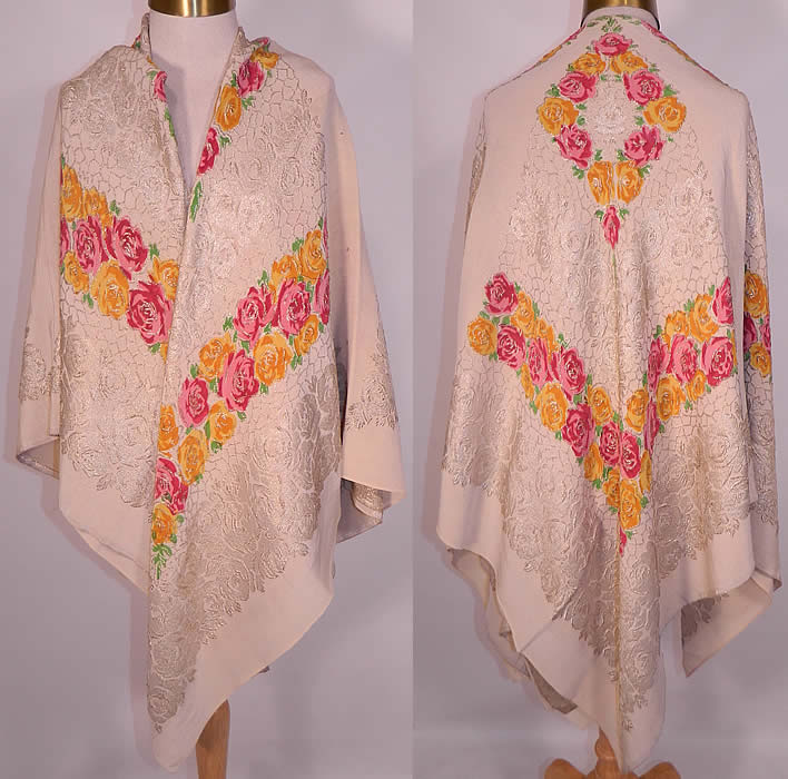 Art Deco Pink & Yellow Floral Roses Silver Lamé White Silk Shawl. This amazing antique Art Deco pink and yellow floral roses silver lamé white silk shawl dates from the 1920s.