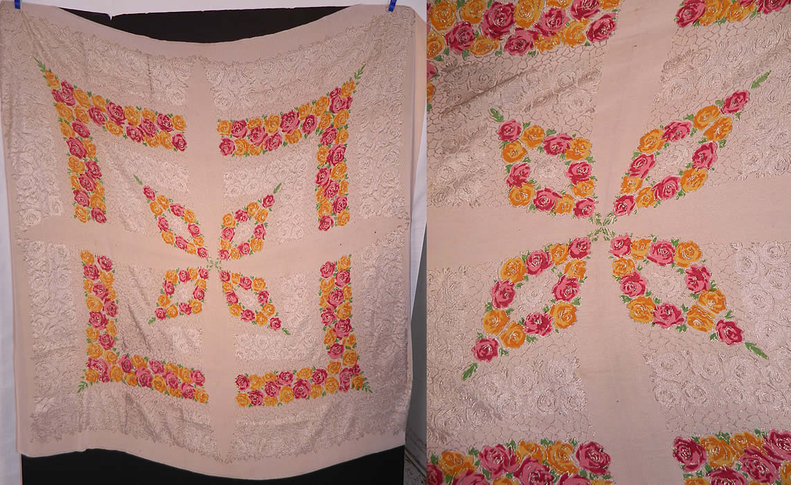Art Deco Pink & Yellow Floral Roses Silver Lamé White Silk Shawl. It is made of an off white ivory color silk fabric background, with silver metallic lamé threads woven into the fabric creating a floral pattern, with pink and yellow accented flower designs done in the center. 
