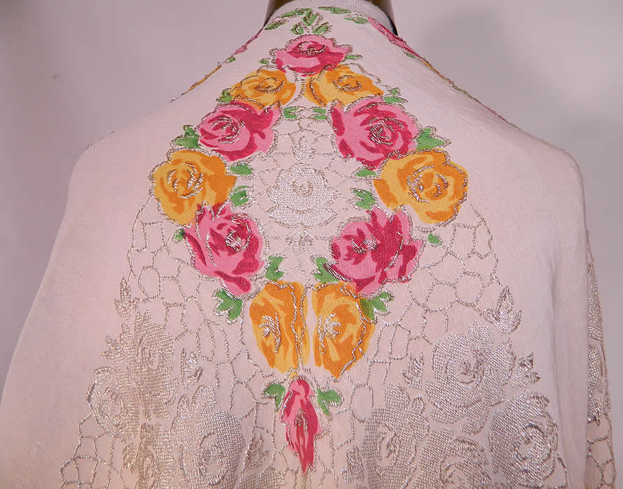 Art Deco Pink & Yellow Floral Roses Silver Lamé White Silk Shawl. This gorgeous Gatsby style square shawl fabric wrap measures 58 by 58 inches. 