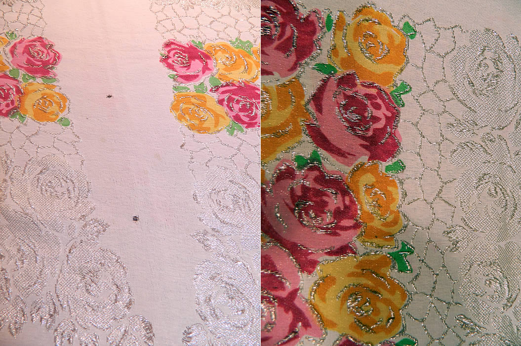 Art Deco Pink & Yellow Floral Roses Silver Lamé White Silk Shawl. It is in good condition, with only three tiny frayed holes near the side edging. This is truly a rare piece of exceptional wearable Art Deco textile art! 