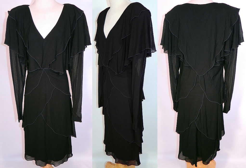 Vintage Holly Harp Layered Crepe Georgette Black Cocktail Dress. This vintage Holly Harp layered crepe georgette black cocktail dress dates from the 1980s. It is made of a black sheer chiffon crepe georgette fabric. This boho hippie romantic cocktail dress has a layered, draped design, with a low V neckline, broad shoulder padding, long sleeves, a large shawl collar and is fully lined.