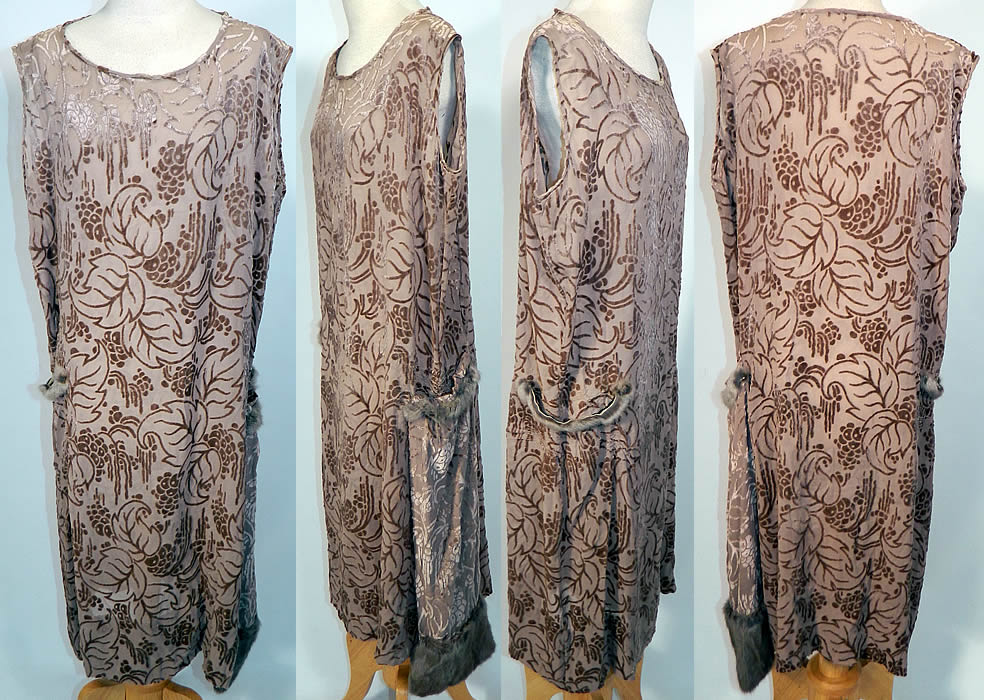 Art Deco Vintage Ecru Silk Burnout Voided Velvet Drop Waist Flapper Dress. This vintage Art Deco ecru silk burnout voided velvet drop waist flapper dress dates from the 1920s. It is made of a unique textured sheer brownish gray taupe ecru color silk chiffon and burnout voided cut velvet fabric, with an Art Deco grape leaf design pattern.