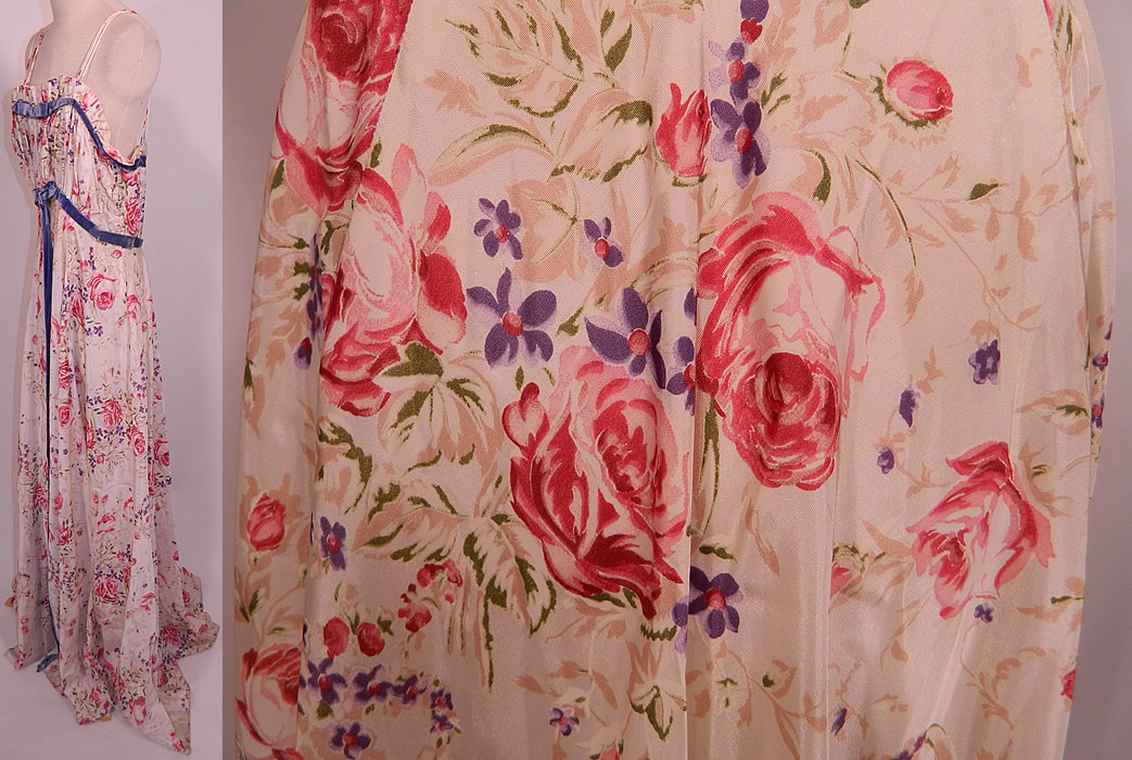 Vintage Lord & Taylor Young New Yorkers Floral Pastel Rayon Taffeta Dress Gown. This fabulous floor length long gown dress has spaghetti straps, a pleated ruffle edge neckline, stays boning sewn inside the bodice, a blue velvet ribbon belted sash, full skirt and side zipper closure. 