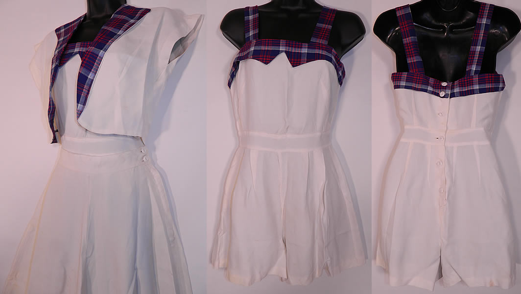 Vintage White Rayon Plaid Playsuit Shorts Skirt Bolero Jacket Coverup Outfit. The playsuit measures 31 inches long, with 34 inch hips, a 24 inch waist and 34 inch bust. Included is a matching fabric cover up long full skirt with a plaid trim ruffle hemline and side zipper closure. The skirt measures 29 inches long, with 38 inch hips and a 26 inch waist. 