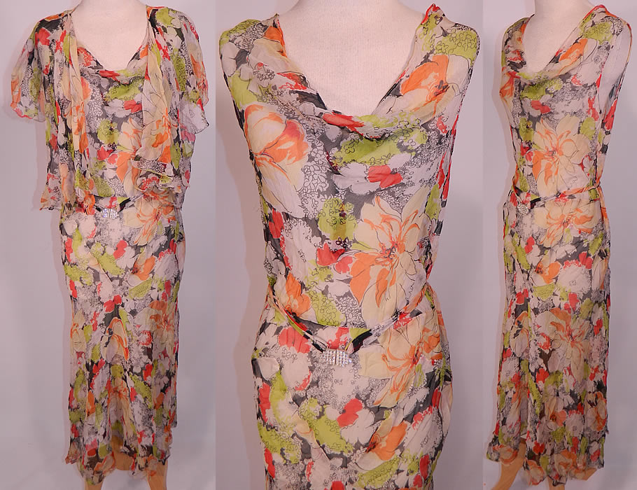 Vintage Neon Flower Print Silk Chiffon Rhinestone Belted Bias Cut Dress & Jacket. This vintage neon flower print silk chiffon rhinestone belted bias cut dress and jacket dates from the 1930s. It is made of a sheer silk chiffon fabric, with a black & white, neon orange, lime green colorful flower print.