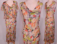 Vintage  Neon Flower Print Silk Chiffon Rhinestone Belted Bias Cut Dress &  Jacket