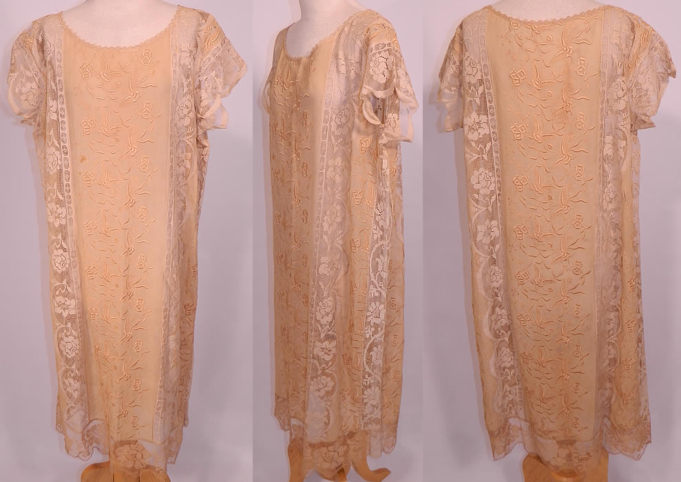 Vintage Cream Silk Butterfly French Knot Embroidered Filet Lace Drop Waist Dress. This exquisite vintage cream silk butterfly French knot embroidered filet lace drop waist dress dates from the 1920s.