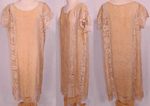 Vintage Cream Silk Butterfly French Knot Embroidered  Filet Lace Drop Waist Dress. 