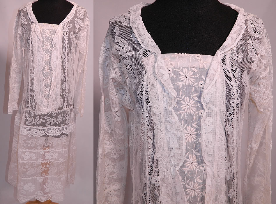 Vintage Normandy Lace White Embroidered Batiste Applique Drop Waist Dress. This exquisite vintage antique Normandy lace white embroidered batiste applique drop waist dress dates from the 1920s. It is made of patchwork of sheer white mixed lace fabrics, with a fine cotton batiste bib front insert panel done in a raised padded satin stitch hand embroidery, french knot, drawn cut work.