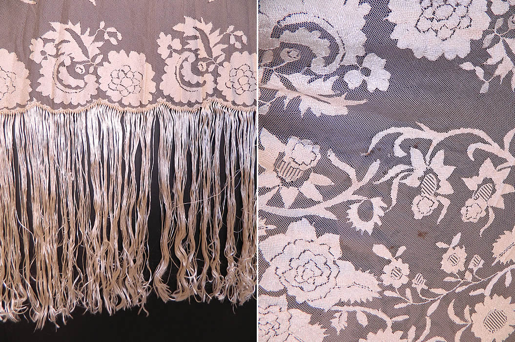 Antique Blonde Silk Net Floral Embroidery Lace Fringe Mantilla Spanish Shawl. The shawl has been created into a square shape shawl style scarf wrap veil Spanish mantilla, which the blonde color would have been appropriate for a church wedding or other ceremonial occasions. The shawl measures 58 by 48 inches and has 15 inch long fringe. 