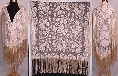 Antique Blonde Silk Net Floral Embroidery Lace Fringe Mantilla Spanish Shawl