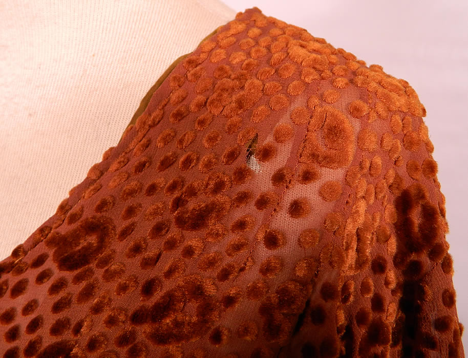 Art Deco Vintage Brown Silk Polka Dot Burnout Voided Velvet  Drop Waist  Dress. It is in good condition, with only a tiny frayed hole on the shoulder (see close-up). This is a wonderful piece of Art Deco wearable textile art! 