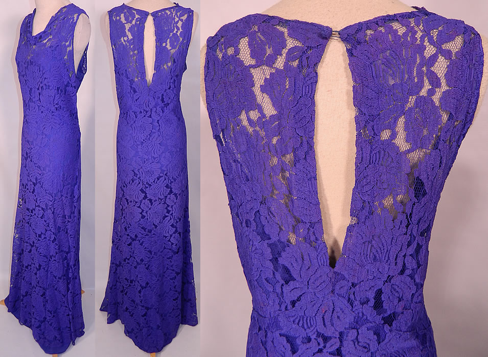 Vintage Sheer Purple Lace Floral Pattern Bias Cut Dress Slip Jacket Outfit. The dress measures 60 inches long, with 40 inch hips, a 30 inch waist and 36 inch bust. There is a matching lace fabric short cropped bolero jacket, with short sleeves and an open front with no closure. The jacket measures 14 inches long. with a 38 inch waist and 38 inch bust. It comes with a matching purple silk slip dress. 