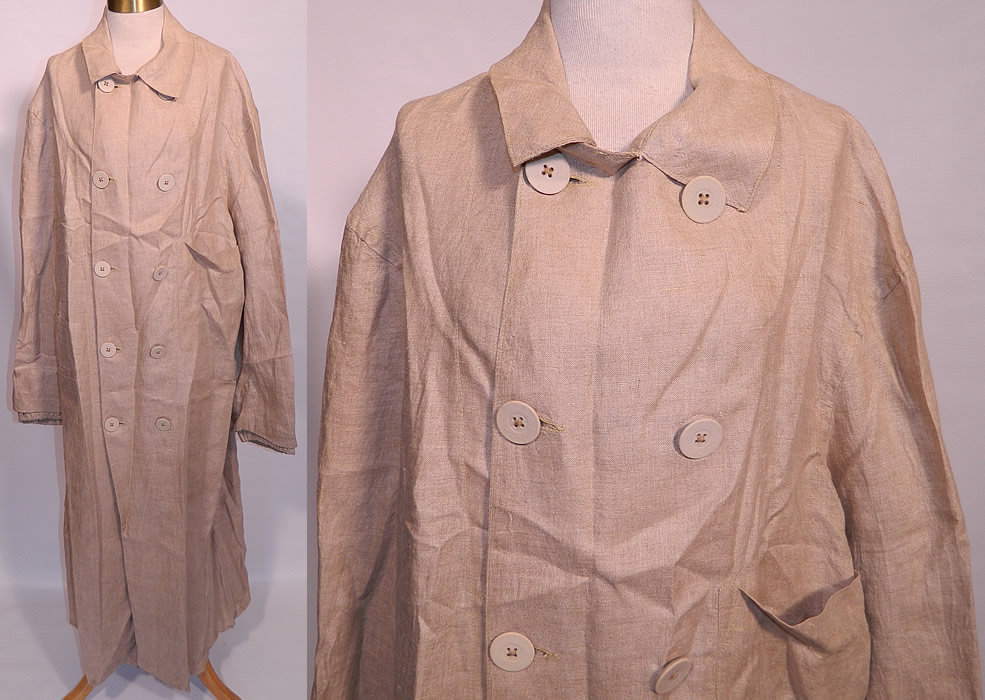 Edwardian Men's Linen Double Breasted Travel Motor Driving Duster Coat. This Edwardian era vintage men's linen double breasted travel motor driving duster coat dates from 1910. It is made of an ecru color fine quality linen fabric. This classic men's long loose fitting floor length duster motoring coat jacket has a double breasted style with wooden button front closures, a fold over collar, long full sleeves with gathered inner cuff lining, a kick pleat slit back and front pockets.