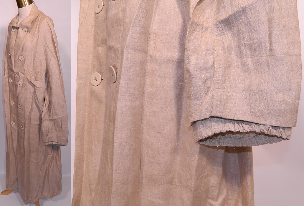Edwardian Men's Linen Double Breasted Travel Motor Driving Duster Coat. This coat would have been worn to protect ones clothing from the dust and mud when traveling, riding and driving in a motor car. It is in good clean wearable condition and is a wonderful piece of early motoring textile art!