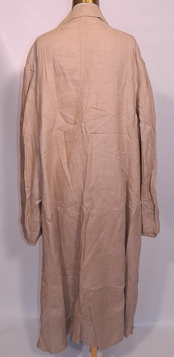 Edwardian Men's Linen Double Breasted Travel Motor Driving Duster Coat. The coat measures 52 inches long, with 48 inch waist, 48 inch chest, a 17 inch back and 25 inch long sleeves. 