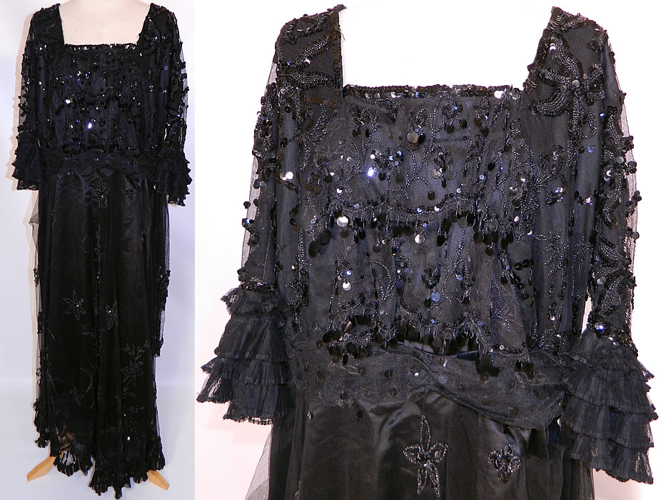Edwardian Titanic Black Net Jet Beaded Sequined Evening Gown Dress. This amazing antique Edwardian Titanic era black net jet beaded sequined evening gown dress dates from 1912. It is made of a layered sheer black net fabric covered with black sequins and jet beadwork done in a floral starburst starfish pattern design overdress and black silk dress lining underneath. 