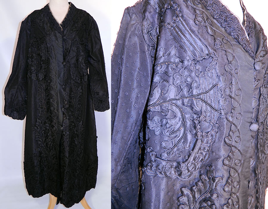 Edwardian Titanic Black Silk Soutache Applique Lace Long Coat Jacket. This antique Edwardian Titanic era black silk soutache applique lace long coat jacket dates from 1912. 