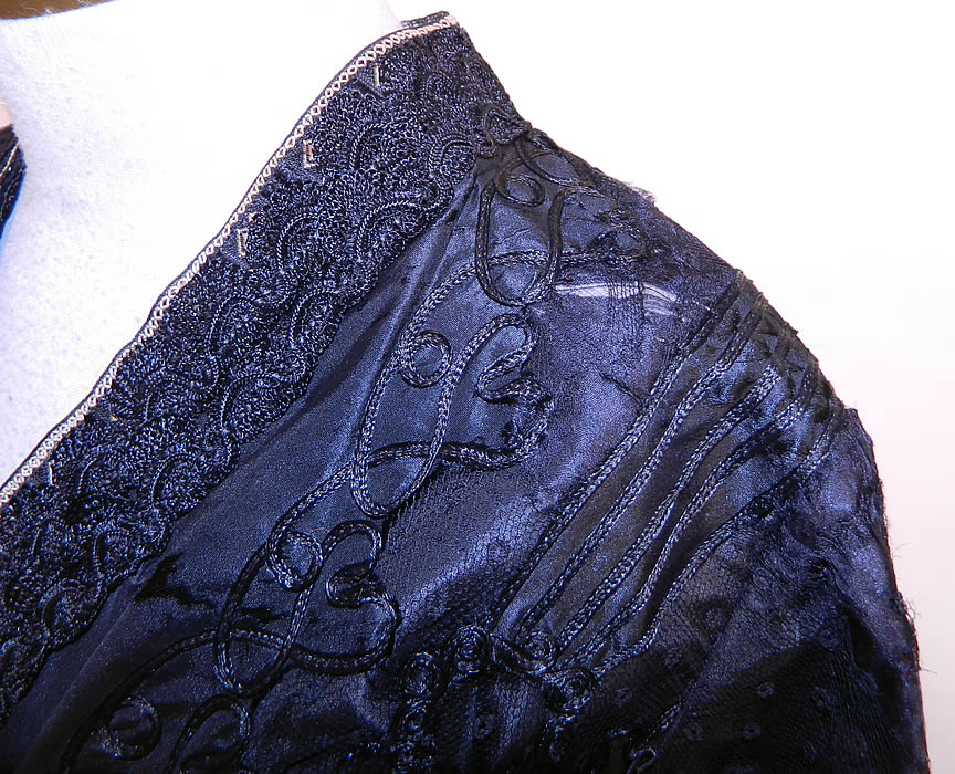 Edwardian Titanic Black Silk Soutache Applique Lace Long Coat Jacket. It is in good condition, with only some fraying along the silk lining inside the shoulders (see close-up). This is truly an exceptional piece of wearable art! 