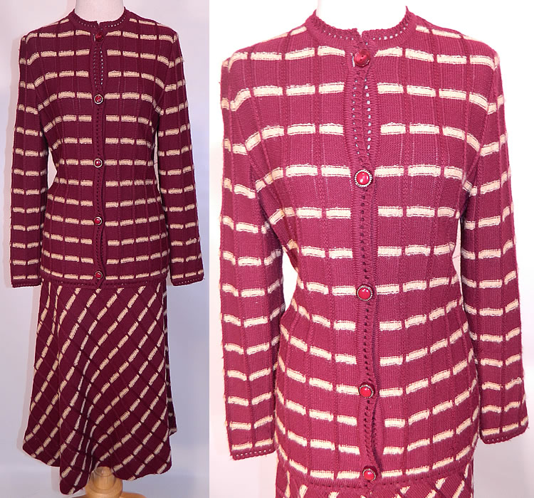 Vintage Burgundy Striped Knit Sweater Skirt Set Outfit Dress. This vintage burgundy striped knit sweater skirt set outfit dress dates from the 1950s. It is made of a dark red burgundy wine color wool knit fabric, with an off white woven striped dash design diagonal on the skirt and horizontal on the sweater.