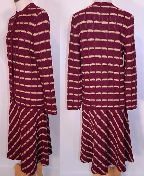 Vintage Burgundy Striped Knit Sweater Skirt Set Outfit Dress. The sweater measures 26 inches long, with a 32 inch waist, 34 inch bust, 14 inch back and 24 inch long sleeves. 