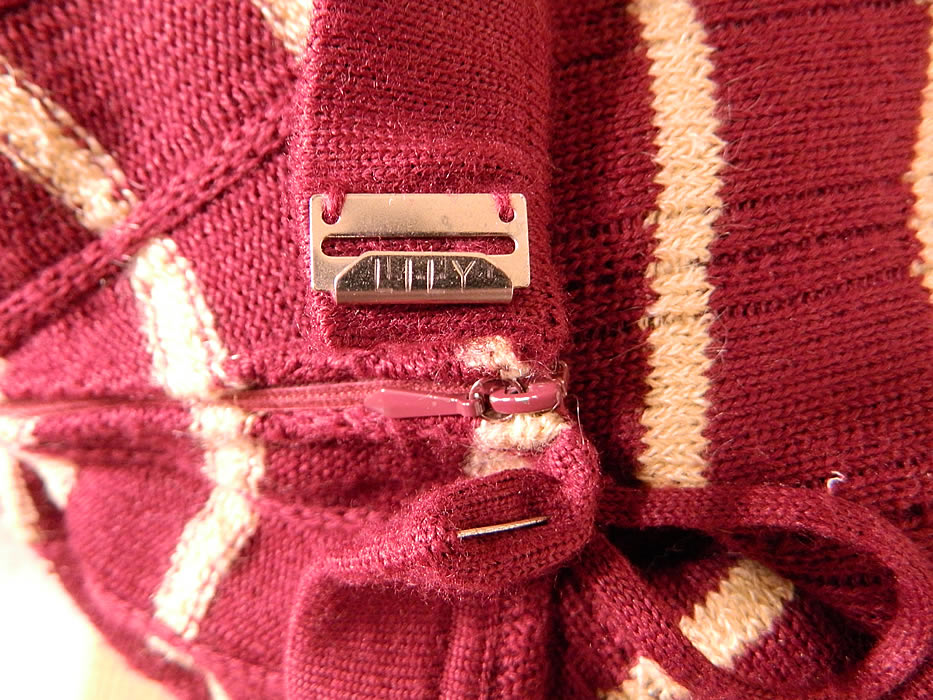 Vintage Burgundy Striped Knit Sweater Skirt Set Outfit Dress. The skirt measures 28 inches long, with 30 inch hips and a 26 inch waist. It is in condition. This is truly a wonderful piece of wearable art! 