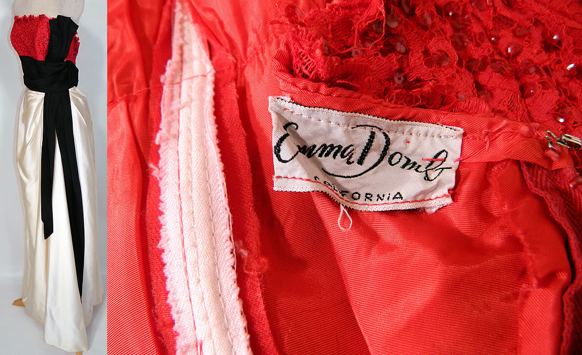 Vintage Emma Domb Red Lace Sequin Black & White Satin Strapless Evening Gown. There is a "Emma Domb California" designer label sewn inside. The dress measures 55 inches long, with a 24 inch waist and 36 inch bust.