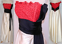 Vintage Emma Domb Red Lace Sequin Black & White Satin Strapless Evening Gown