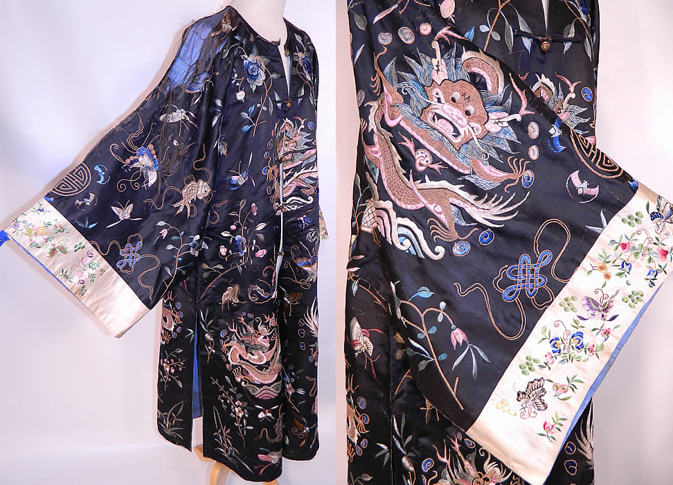 Antique Chinese  Dragon Silk Embroidered Opera Robe Coat. There are gold dragons with 5 open claws, large round eyes and the Eight Buddhist symbols of good fortune, fish, endless knot, peony, lotus flowers, peaches, bats, butterflies and Ji Chinese character for luck. 