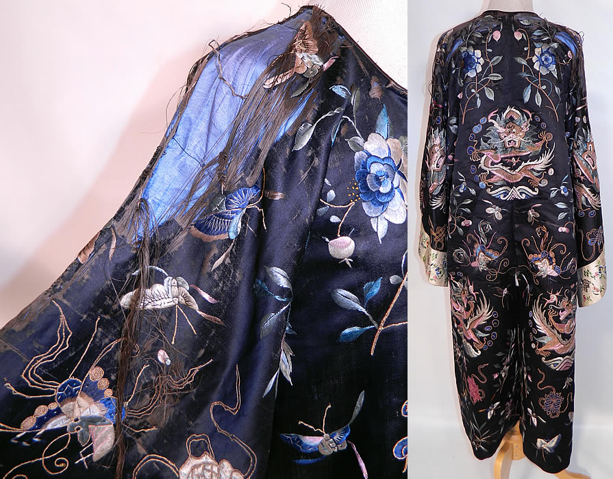 Antique Chinese  Dragon Silk Embroidered Opera Robe Coat. It is in as-is fair condition, with frayed splits along the silk fabric shoulders and back neck (see close-up). This is still a wonderful piece of antique Chinese textile art! 