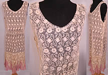 Vintage Cream  Embroidered Net Lace Drop Waist Pink Silk Hem Chemise Dress