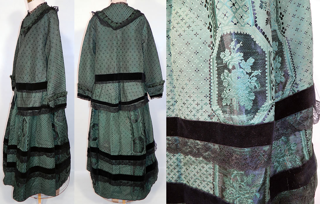 Victorian  Civil War Era Green Silk Brocade Black Chantilly Lace  Maternity Dress. There is black chantilly lace and black velvet trim edging. This magnificent 2 piece maternity dress has a loose fitting long bodice tunic top jacket style, with open front, no closure, long full sleeves with lace fringe trim cuffs and a small pocket hidden inside the front waist. 