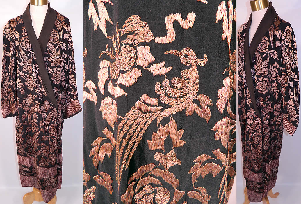 Vintage Art Deco Black Silk Ecru Embroidered Floral Bird Flapper Coat. This vintage Art Deco black silk ecru embroidered floral bird flapper coat dates from the 1920s. It is made of a black silk crepe fabric, with a golden ecru color raised padded satin stitch silk embroidery work done in a Chinese inspired floral peony, pheasant bird design throughout. 