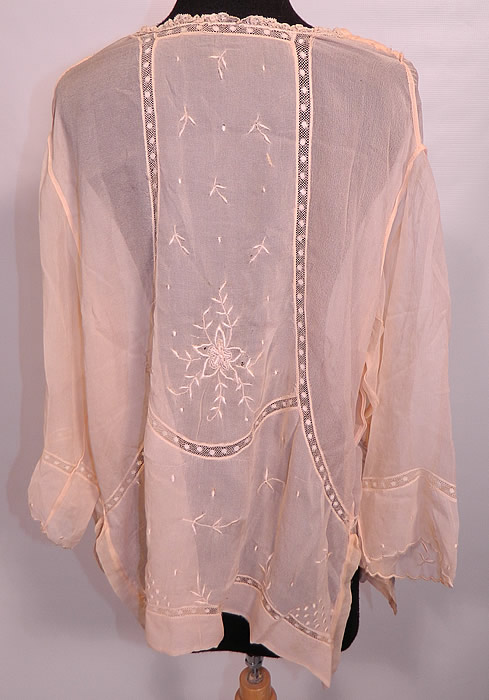 Vintage Peach Pastel Silk Chiffon Embroidered Drawn Work Lace Middy Blouse. It is in good condition, with only two tiny frayed pin holes on the back. This is truly a wonderful wearable piece of Art Deco textile art! 