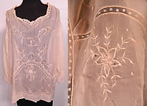 Vintage Peach Pastel Silk Chiffon Embroidered Drawn Work Lace Middy Blouse