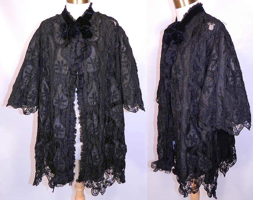 Victorian Fuchs & Rosenberger Berlin Black Silk French Knot Battenburg Tape Lace  Coat. This Victorian era antique Fuchs & Rosenberger Berlin black silk French knot Battenburg tape lace coat dates from 1900.