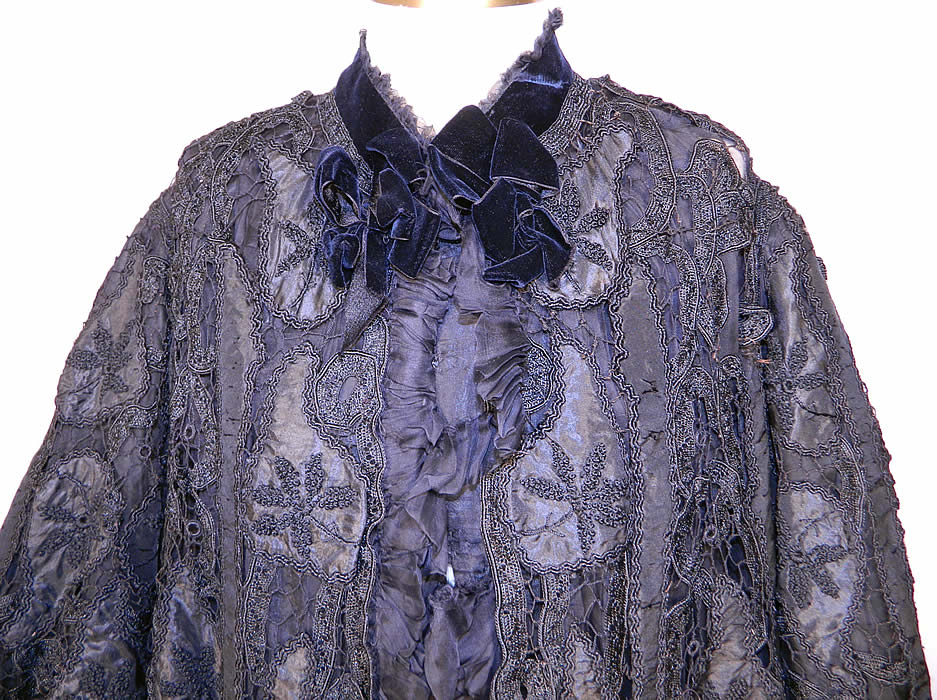 Victorian Fuchs & Rosenberger Berlin Black Silk French Knot Battenburg Tape Lace  Coat. It is made of black silk appliques, with French knot embroidery work, Battenburg tape lace, button hole stitching, connecting brides and bars. 