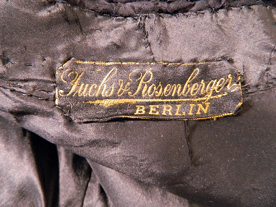 Victorian Fuchs & Rosenberger Berlin Black Silk French Knot Battenburg Tape Lace  Coat. There is a "Fuchs & Rosenberger Berlin" label sewn inside. This is still an exceptional beautifully hand made unique one of a kind coat, and a rare find of wearable antique textile lace art from Berlin!  