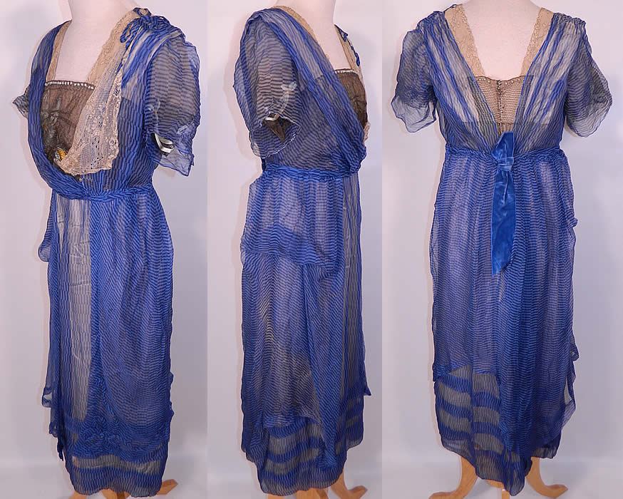 Edwardian Titanic Blue Black Stripe Silk Chiffon Gold Lace  Gown Hosac Chicago Paris Label. 