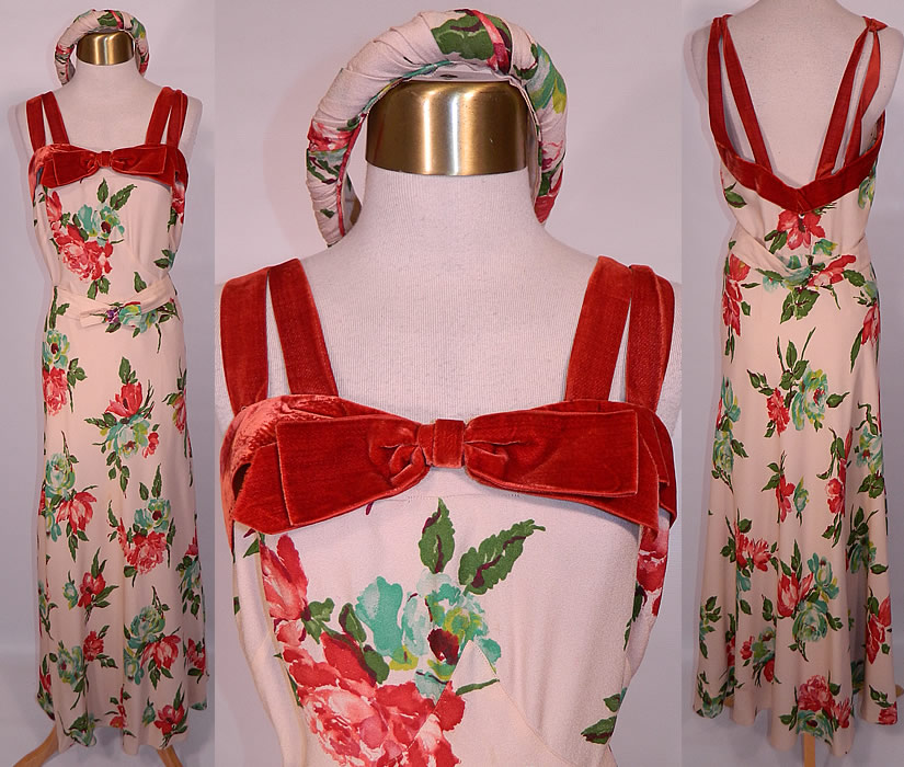 Vintage Red Roses Silk Crepe Bias Cut Belted Dress & Hat. This vintage red roses silk crepe bias cut belted dress and open crown hat dates from the 1930s. It is made of a off white silk crepe fabric, with a red and blue floral rose print pattern and red velvet ribbon bow trim neckline, shoulder straps.