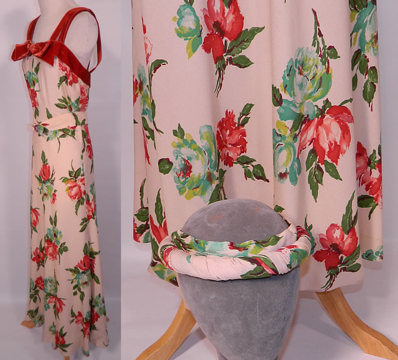 Vintage Red Roses Silk Crepe Bias Cut Belted Dress & Hat. This beautiful bias cut dress long floor length gown has double shoulder straps, backless, with a matching fabric belt and side snap closures. The dress measures 57 inches long, with 36 inch hips, a 26 inch waist, 34 inch bust and 28 inch long belt.