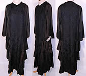 Vintage Gatsby Black Silk Floral Roses Brocade Damask Drop Waist Dress