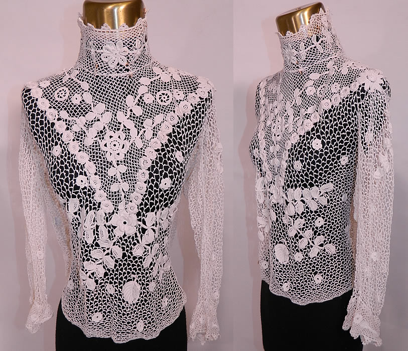 Edwardian Antique White Irish Crochet Tape Lace Bodice Blouse. This Edwardian era antique white Irish crochet tape lace bodice blouse dates from 1910. It is made of a white sheer Irish crochet tape lace with detailed meshwork, raised floral leaf designs and connecting thread picot ornamented bars. This lovely lace beautiful bodice blouse top has a high collar neckline, long fitted sleeves with flared cuffs, and an open back with no closure.