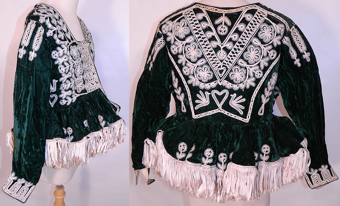 Antique Spanish Conquistador Bolivian Milkmaids Folk Costume Velvet Beaded Jacket. This women's fabulous folk costume Victorian era style fitted bodice jacket has an open front with no closure, a squared neckline, long full tapered sleeves with  fitted cuffs and a short wide peplum skirted waist. 