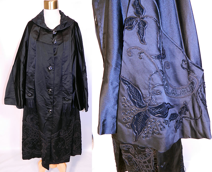 Vintage Black Silk Soutache Embroidered Opera Cloak Cape Coat Dress. This amazing antique Art Deco black silk soutache embroidered opera cloak cape coat dress dates from the 1920s. 