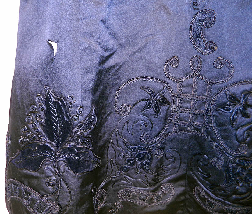 Vintage Black Silk Soutache Embroidered Opera Cloak Cape Coat Dress. It is in good as-is condition, with a few small frayed splits on the back cape and a small frayed rip on the back skirt. This is truly a wonderful piece of wearable Art Deco textile art and would be great for study, pattern or design! 