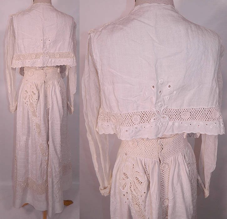 Edwardian White Linen Eyelet Embroidered Irish Crochet Lace  Dress Blouse & Skirt. This stunning summer two piece walking suit includes a blouse top, with an open front short cropped top sleeveless vest style overlay, long tapered sleeves with rolled cuffs and a V front neckline with snaps, hooks closures. 