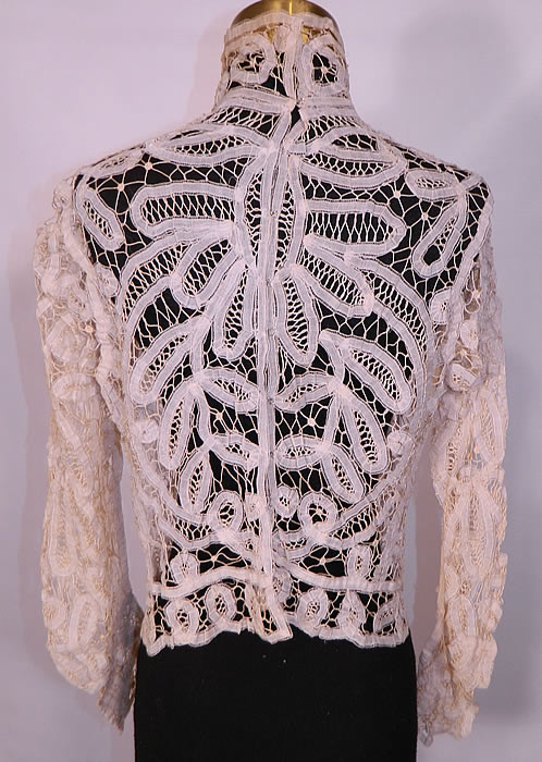 Victorian Antique  Cream Battenburg Tape Lace High Neck Collar Blouse Top. It is in good condition, with only a few breaks in the connecting bride bars. This is truly an extraordinary piece of wearable antique lace art!  